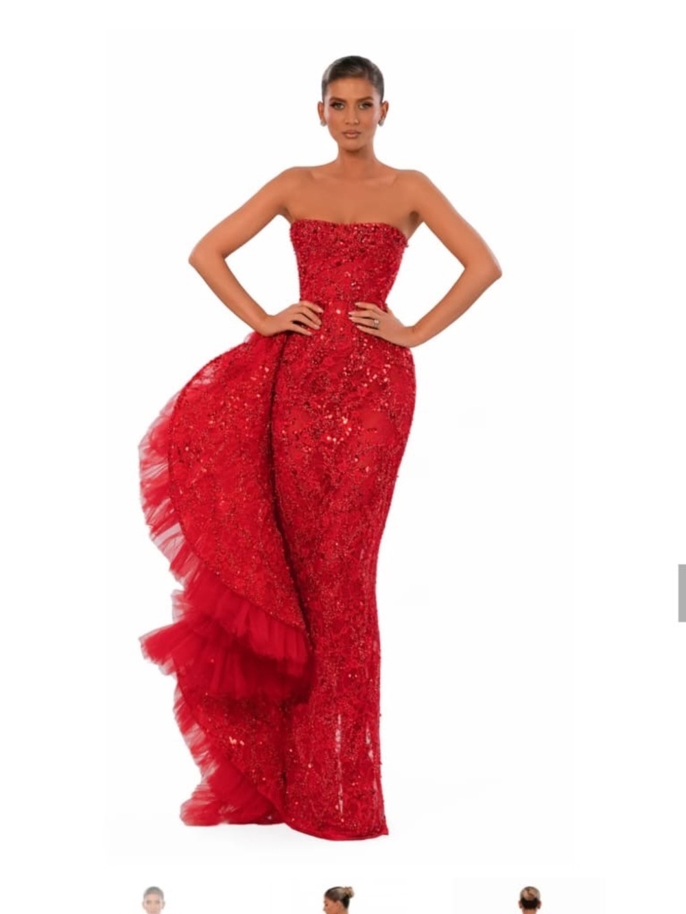 Strapless Red Embellished Evening Gown
